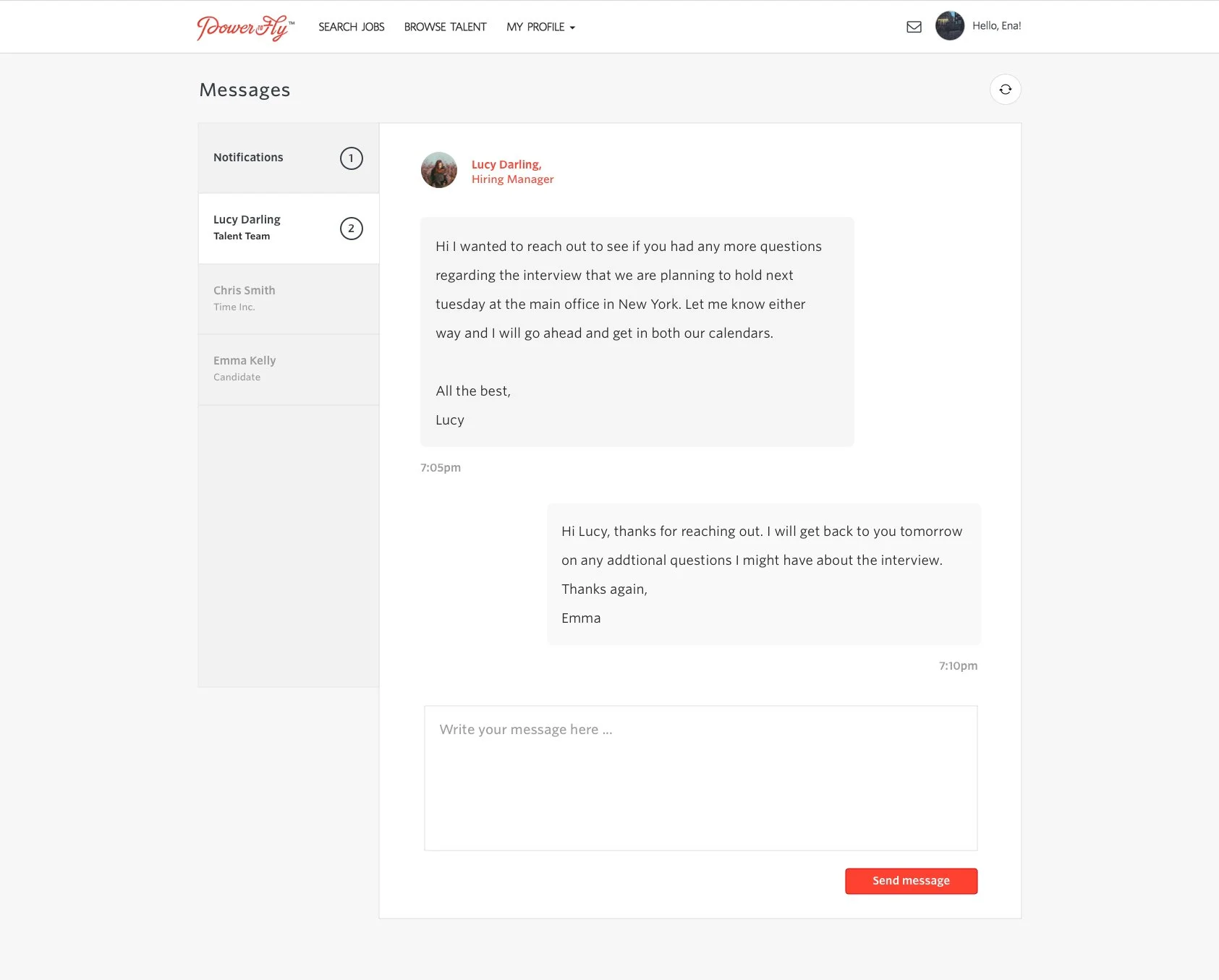 Redesigned PowerToFly direct messaging conversation