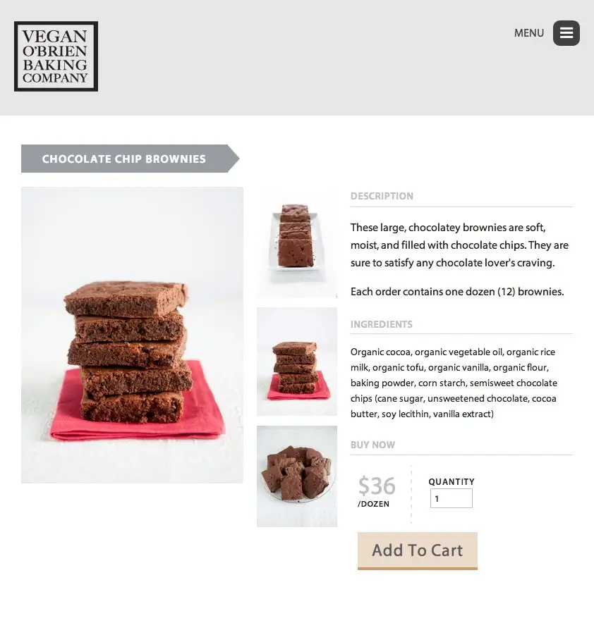 Vegan O'Brien chocolate chip brownie product page