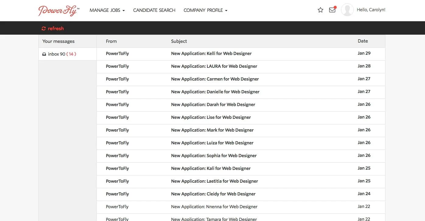 Original PowerToFly email-style messaging inbox