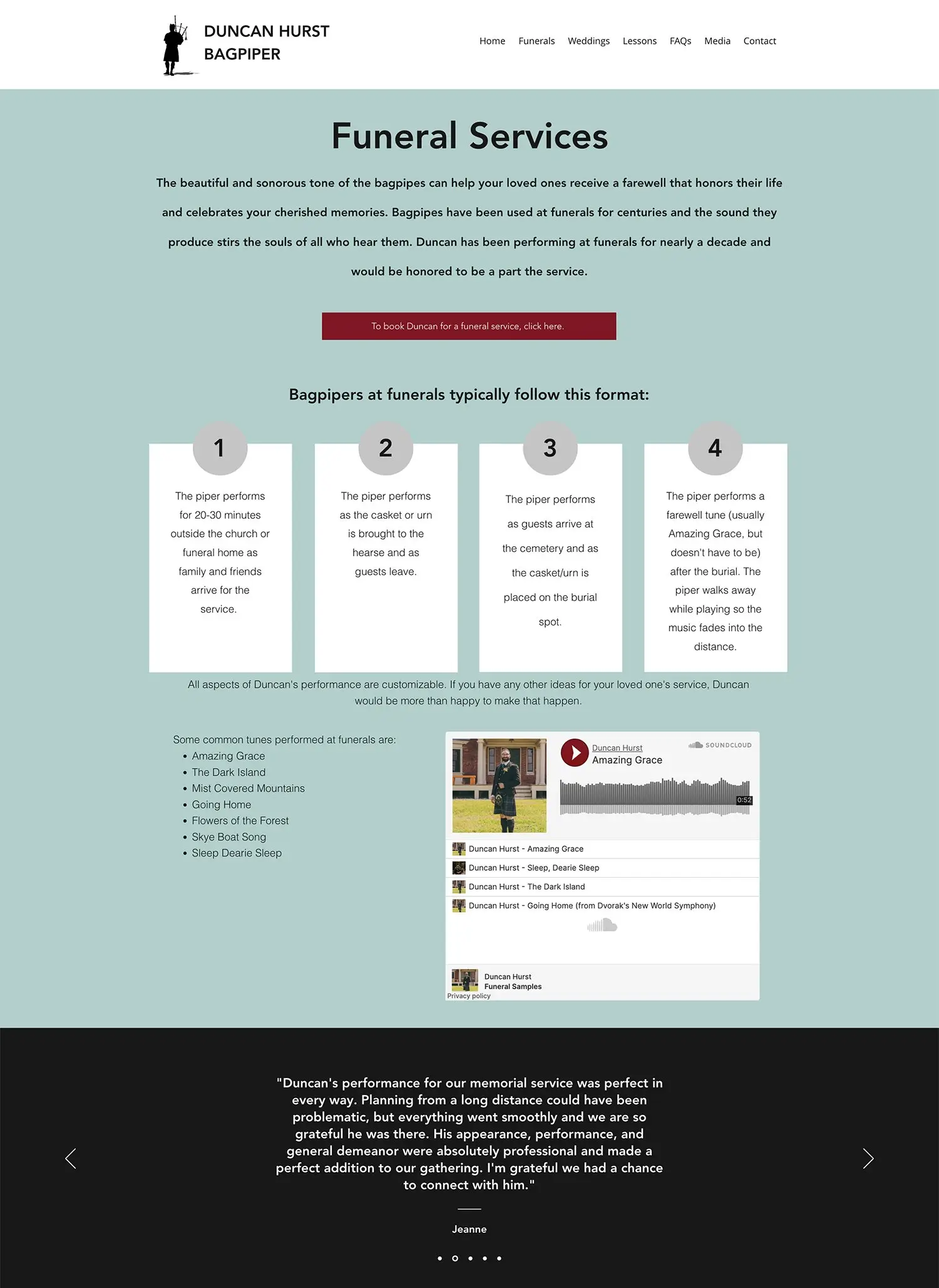 Duncan Hurst funeral musician page before its redesign