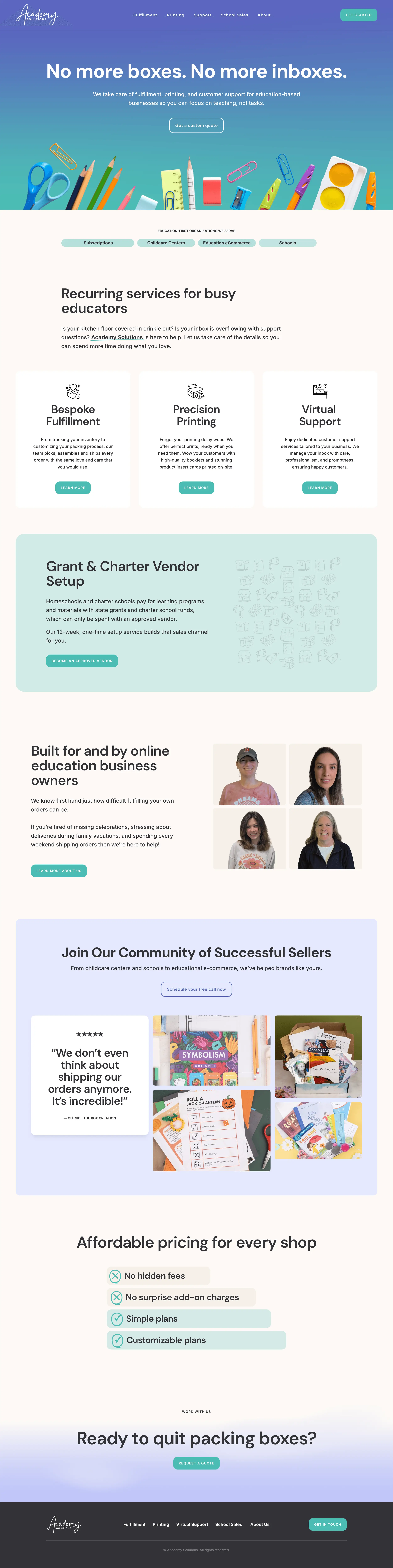 Academy Solutions home page after its redesign