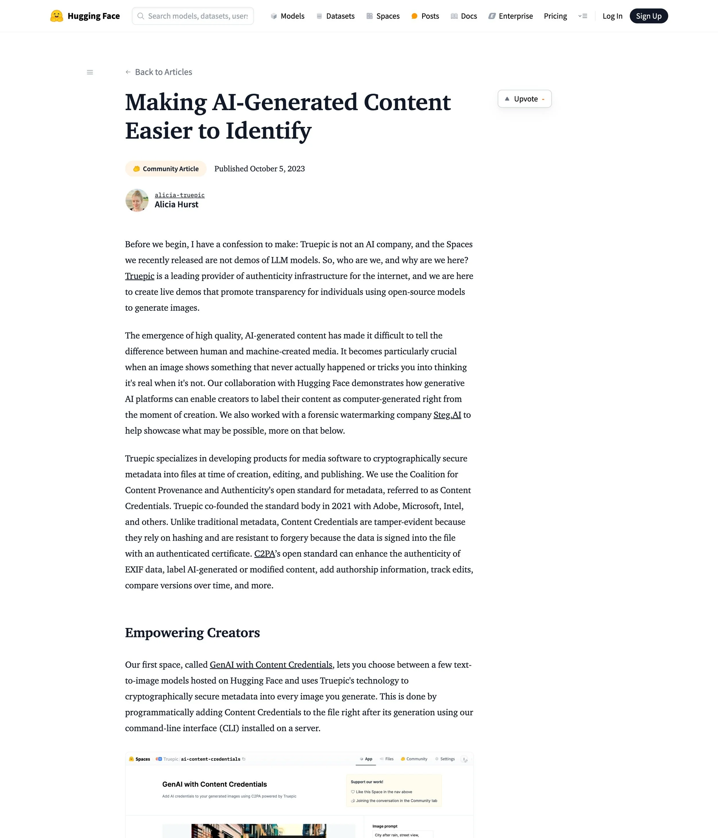 Hugging Face article about identifying AI-generated content with Truepic