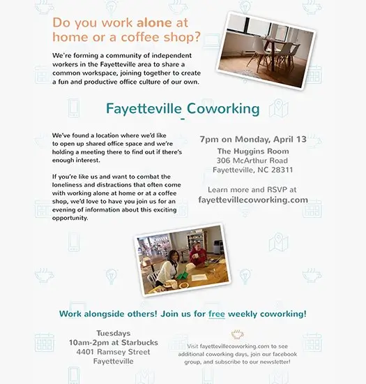 Fayetteville Coworking promotional design shown on a phone