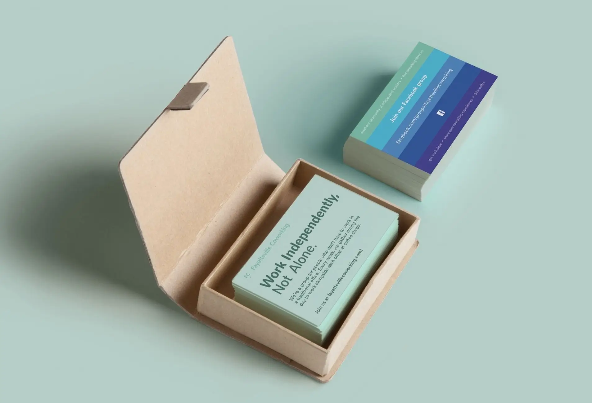 Brightly colored Fayetteville Coworking business cards
