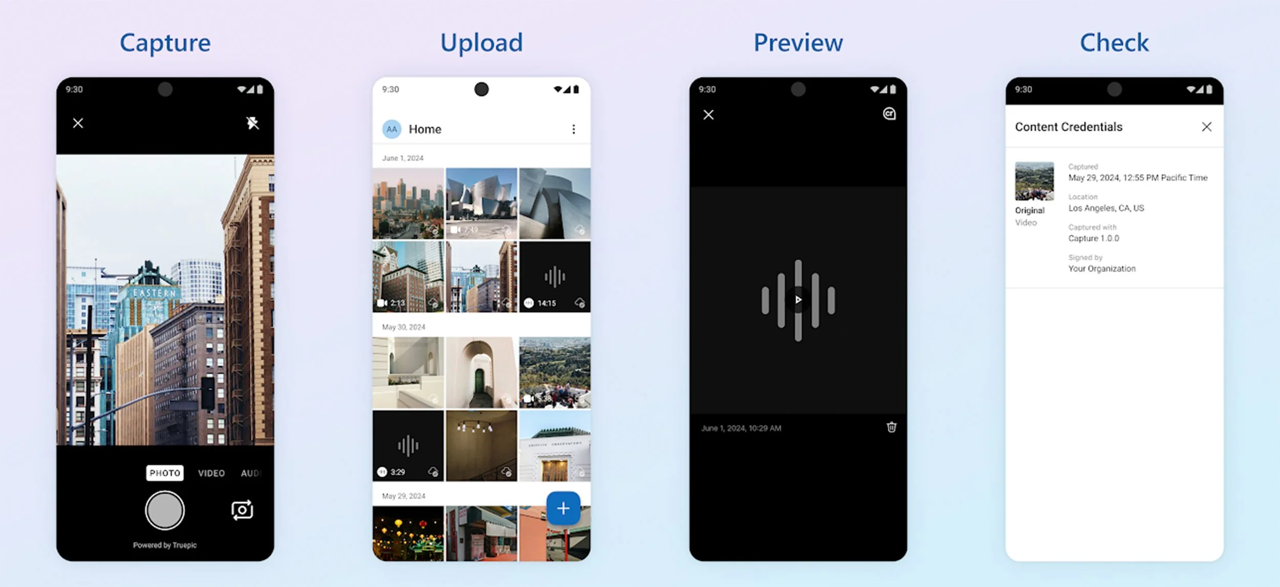 Four-stage flow for capturing, authenticating, viewing, and verifying media in the Capture app