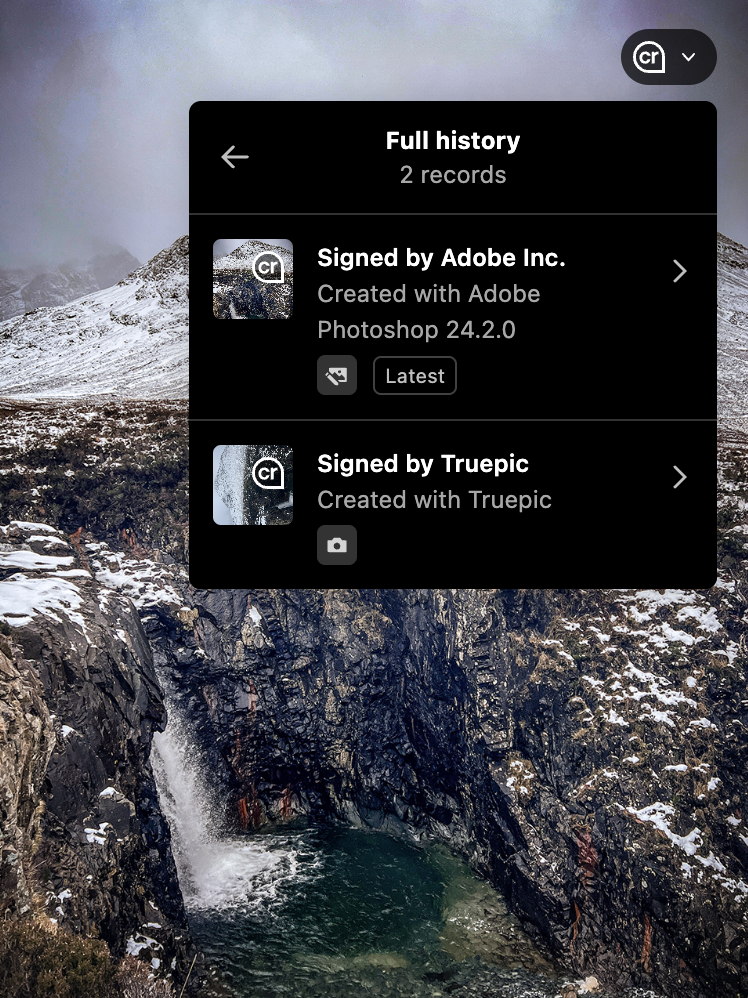 Truepic interface displaying the content credentials and edit history of an image