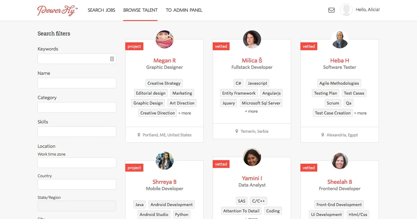 Original PowerToFly candidate search in a masonry layout