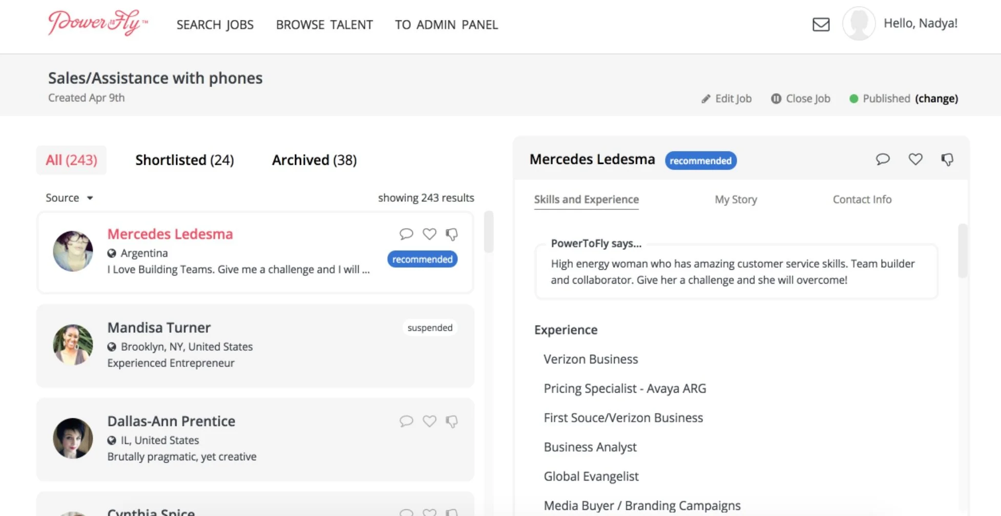 Redesigned PowerToFly list-based hiring workflow