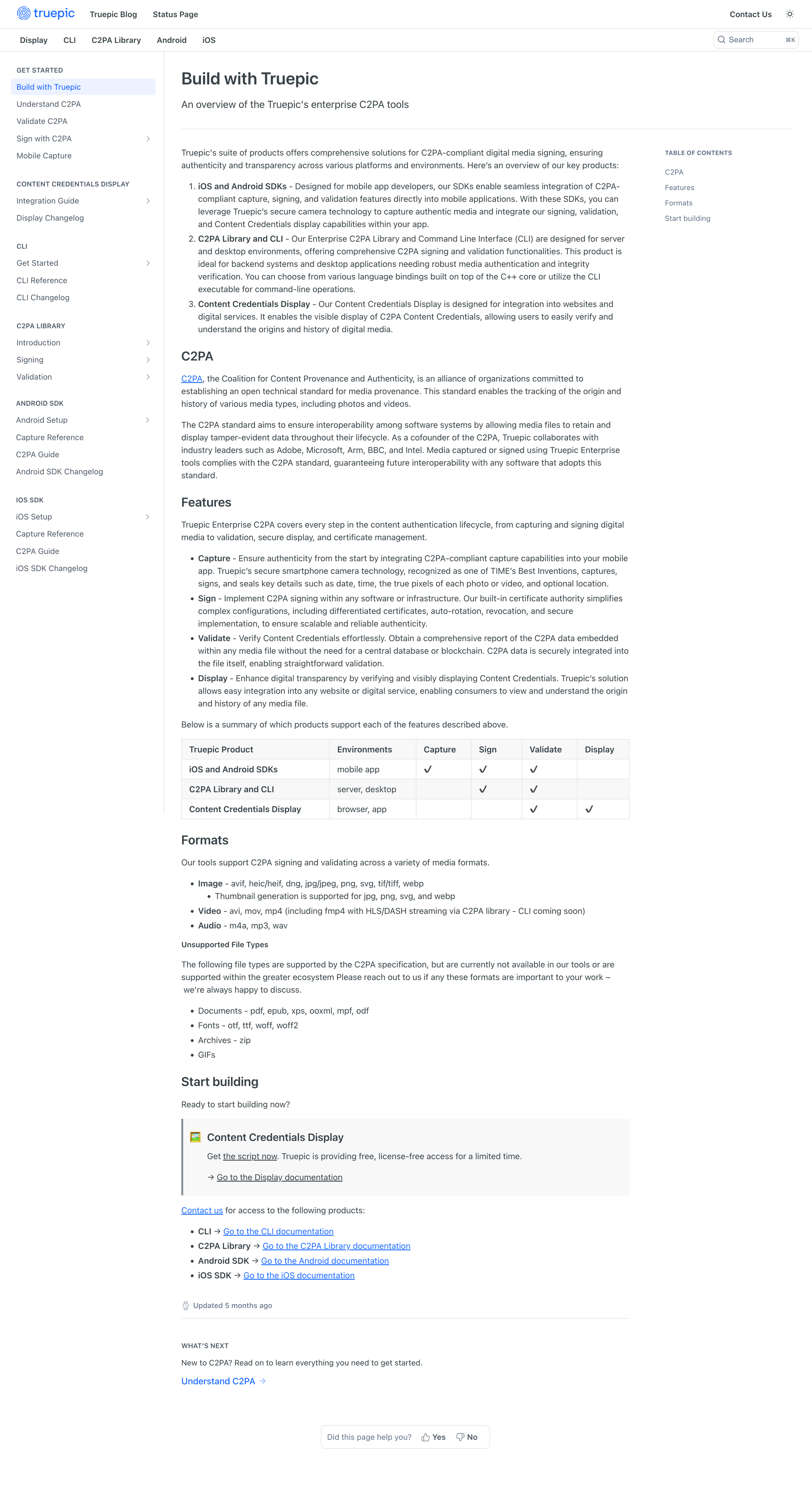 Truepic Lens developer documentation page