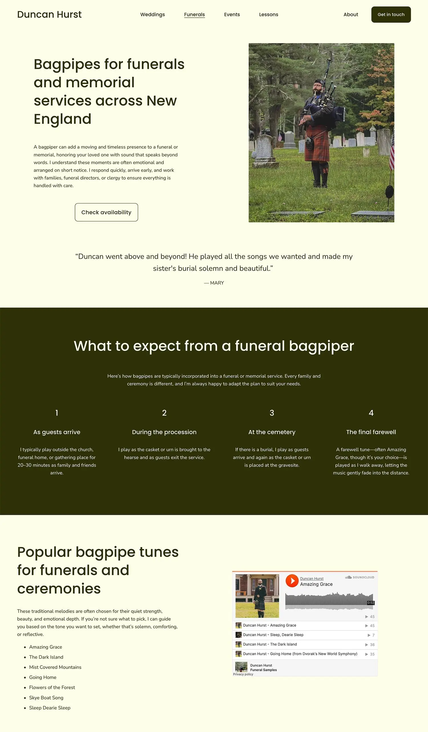 Duncan Hurst funeral musician page after its redesign