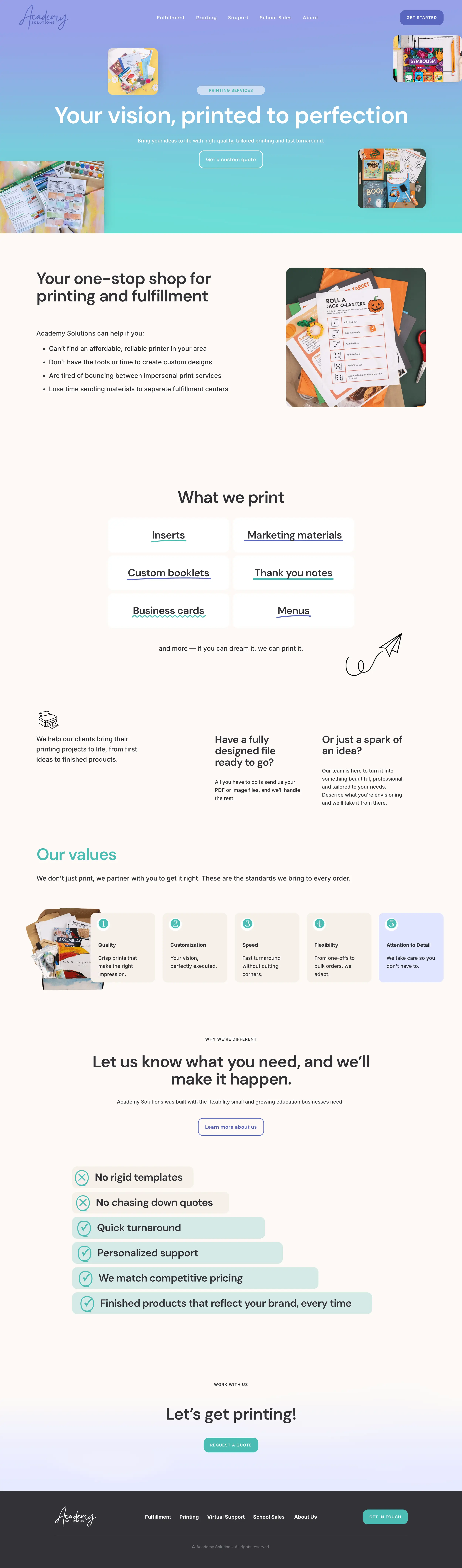 Academy Solutions printing services page